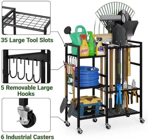 keomaisyto Garden Tool Organizer with 6 Industrial Wheels & Large Hooks