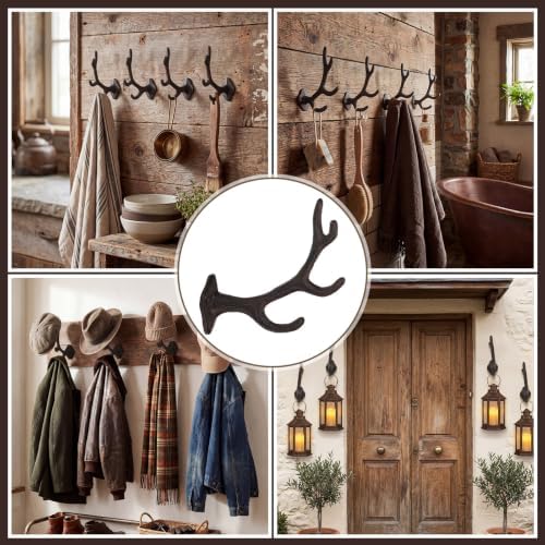 Chumia 8 Pcs Rustic Cast Iron Wall Hooks Deer Antler Coat Hooks, Brown