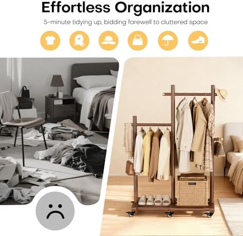 Wooden Clothing Rack, Double Pole Clothes Rack with 4 Hooks & 6 Wheels
