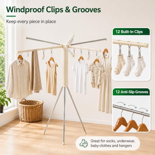 Foldable Tripod Clothes Drying Rack, 6-Pole Stand with 12 Clips