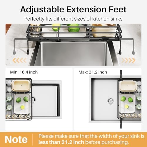 Expandable Dish Drying Rack for Kitchen Counter, Stainless Steel, Black