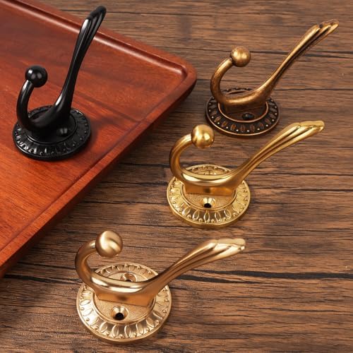 Antique Brass Heavy Duty Wall Hooks – 6 Pack Rustic Coat Hooks for Hanging Co...