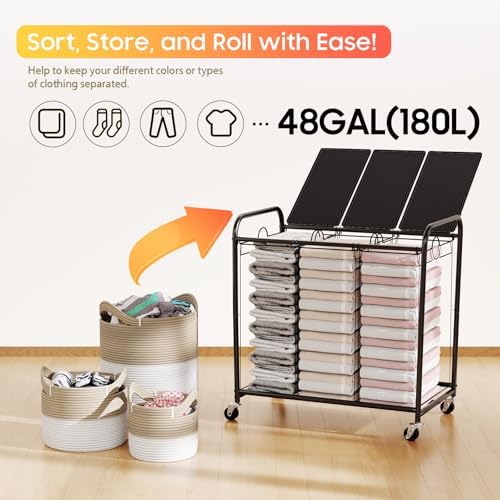 180L Laundry Sorter 3 Section, Rolling Laundry Basket with Wheels and Lid