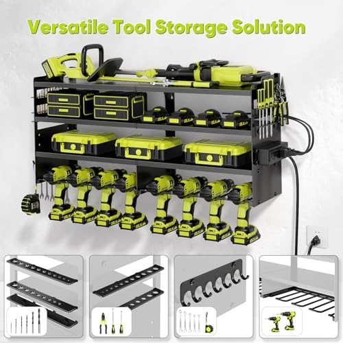 POKIPO Large Power Tool Organizer Wall Mount with Charging Station,4 Layer He...