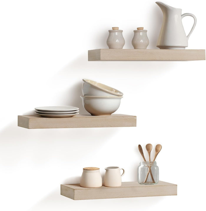 AHDECOR Floating Shelves, Wall Mounted Set of 3 Rustic Wooden Ledge Shelves Decorative for Bedroom, Office, Kitchen, Living Room - Sleek Design, Sturdy and Easy to Install