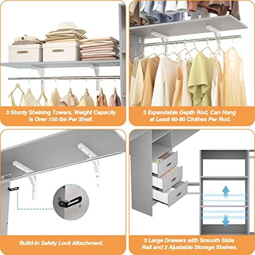 iSunirm 8FT Closet System, 96'' Closet Organizer System with 3 Hangin...