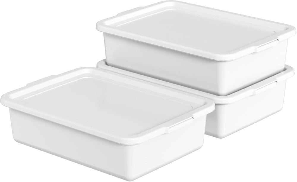 Hespama 3 Pack Commercial Bus Tub with Lid, 13 L Plastic Wash Basin, White