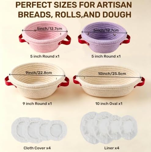 4 Pack Cotton Rope Sourdough Proofing Basket Set with Liners Covers Handles