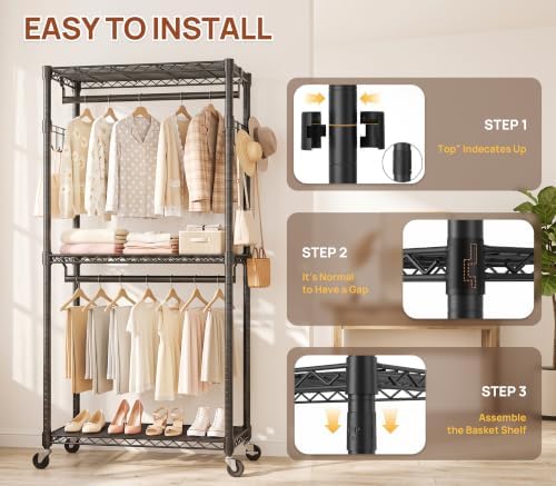 Heavy Duty Rolling Clothes Rack with Wheels, Double Rods Adjustable Shelves