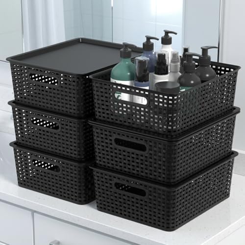 13 Quart Stackable Flat Plastic Storage Basket with Lid, 6 Packs