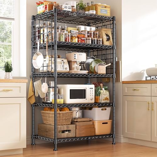 DurayLoly 5 Tier Storage Shelves, 2 Side Panels & 13 Hooks, for Kitchen