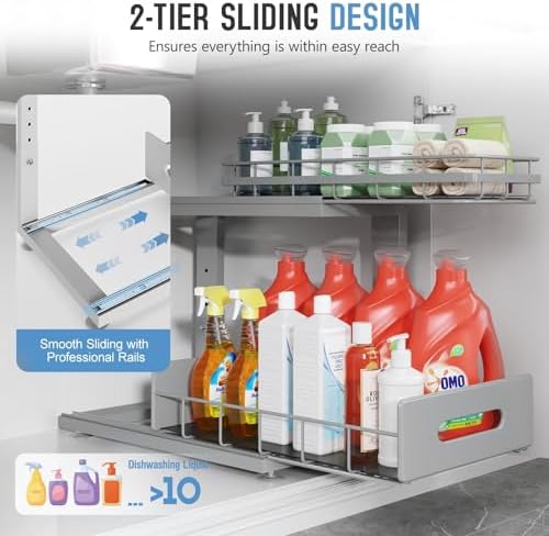Under Sink Organizer Upgrade To Professional Rails,2-Tier Dual Pull Out Cabin...