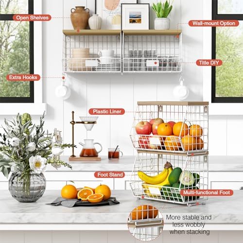 Goozii White Fruit Storage Basket for Kitchen Counter Set of 2, Wall Mount Wi...