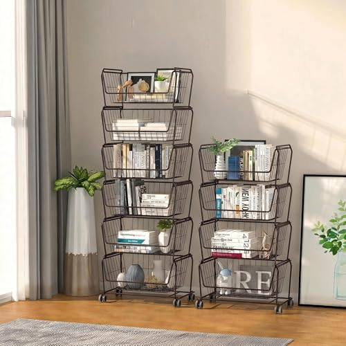 PUSDON 4-Tier Spacious Stackable Wire Storage Baskets with Wheels, Metal Roll...