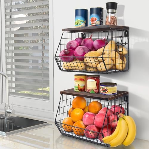 Mefirt 2pcs Fruit Basket Kitchen Storage Basket with Wood Lid