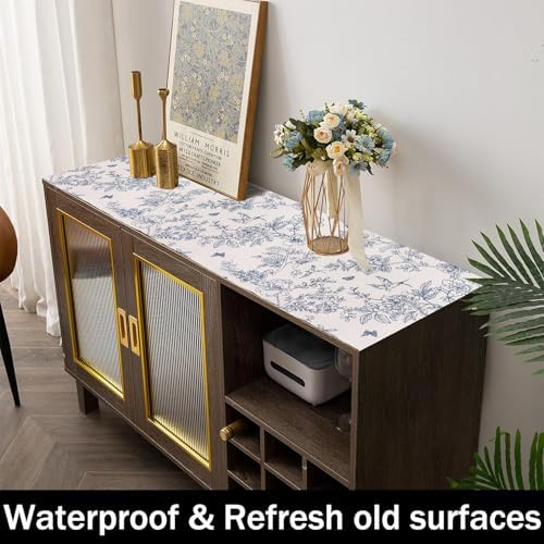 White and Bluer Bird Floral Drawer Liner, 24IN x 10FT