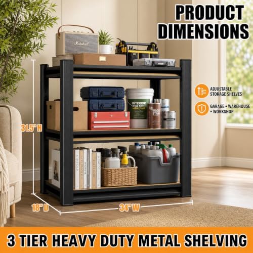 Heavy Duty Garage Shelving, Metal Storage Shelves, 3 Tier Adjustable Storage ...