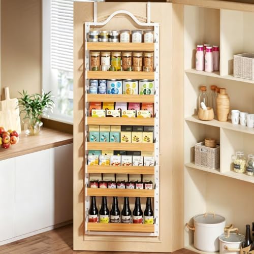 8-Tier Pantry Door Organizer, Over the Door Pantry Organizer with Wooden Adju...