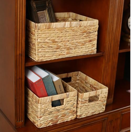 Woven Natural Water hyacinth Rectangular Storage Baskets with inside Handle,K...