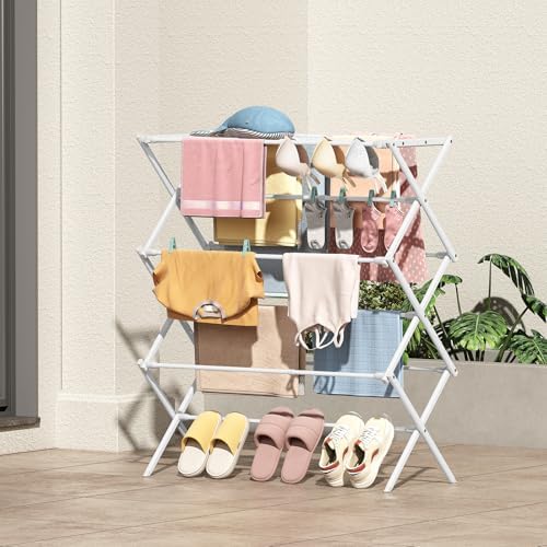 KINGBOARD Clothes Drying Rack, 3-Tier Foldable Extendable, White
