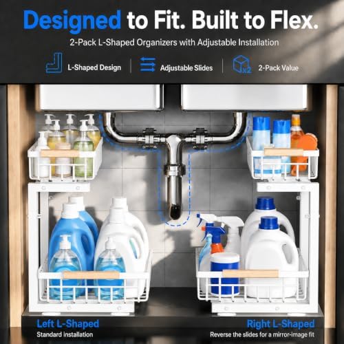 Under Sink Organizer 2 Pack, Double Slide Out Metal Shelf, White
