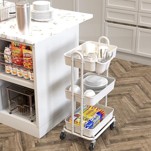 Simple Houseware 3-Tier Rolling Utility Cart with Hanging Bucket, White