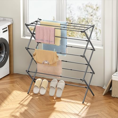 KINGBOARD Clothes Drying Rack, 3-Tier Foldable Extendable, Grey