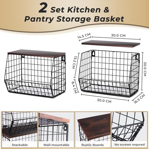 Mefirt 2pcs Fruit Basket Kitchen Storage Basket with Wood Lid