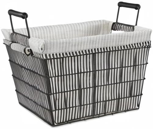 DII Metal Farmhouse Lined Basket, Contemporary Storage Container, Ticking Str...
