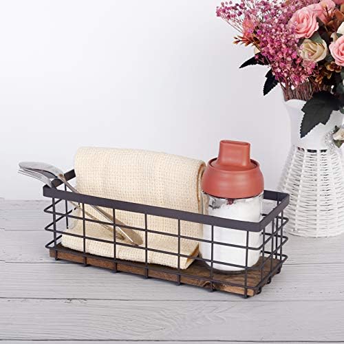 TIEYIPIN Small Metal Wire Storage Basket, Detachable Wood Base Storage Organi...