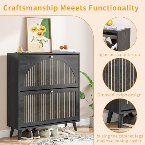 Fsbecl Shoe Storage Cabinet for Entryway with 2 Fluted Flip Drawers,Black