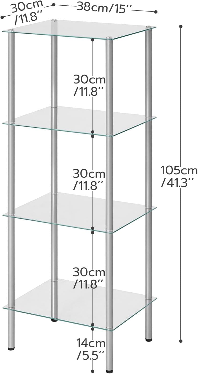 HOOBRO Glass Shelf, 4 Tier Bathroom Standing Shelf Unit, Tempered Glass Shelv...