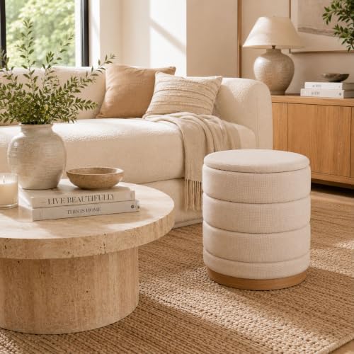 Linen Storage Ottoman Round Footrest with Hidden Storage, Biege 16" L X1...