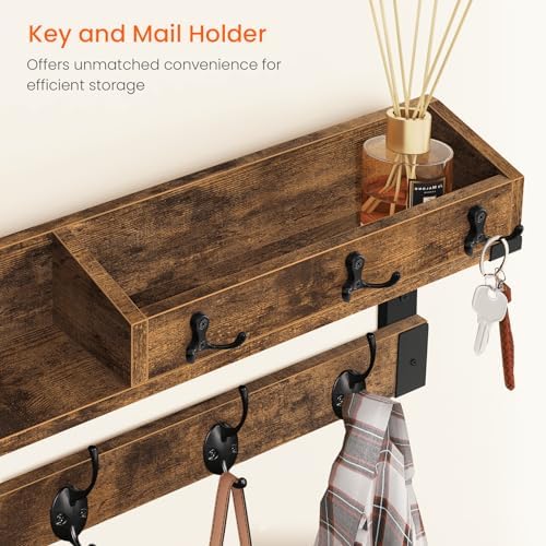 Homode Coat Rack with Shelf, Wall Shelf with Hooks, Rustic Brown Black