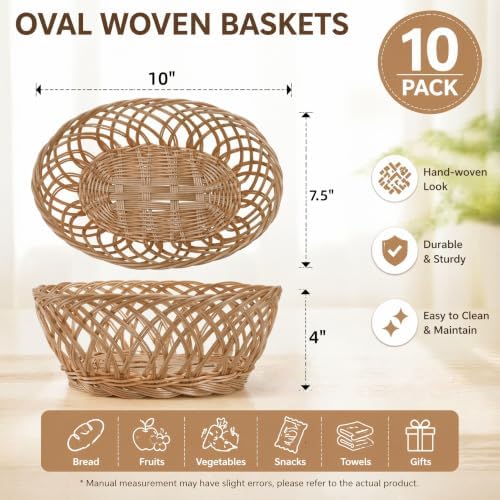 10 Pack Plastic Oval Basket, 10"x7.5"x4" Wicker Bread Basket B...