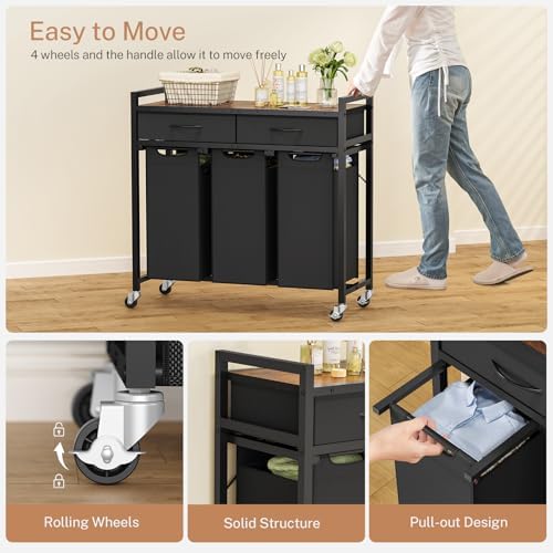 Laundry Sorter 3 Section, 120 L Laundry Hamper with 2 Drawers & 2-tone To...