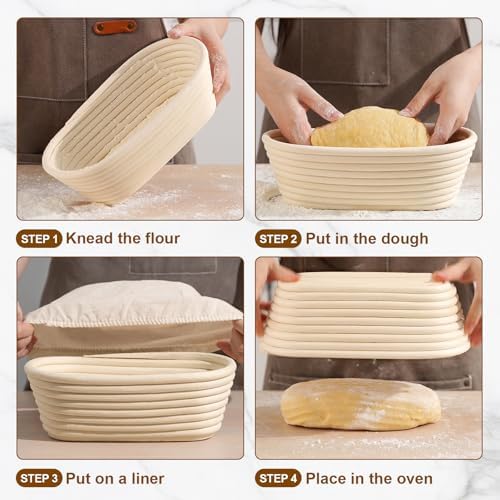 4 Pack 10 Inch Oval Banneton Bread Proofing Basket, Rattan Sourdough Bread Ba...