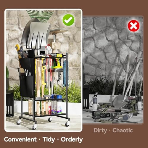 Garden Tool Organizer with Wheels, Rolling Yard Tool Tower Rack Carts for Gar...