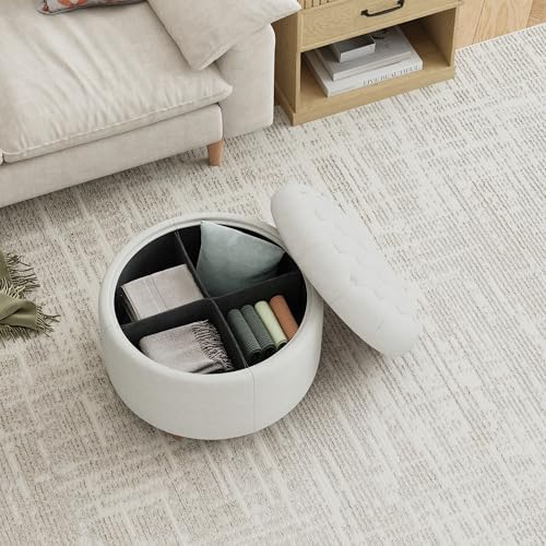 25Inch Round Storage Ottoman, Small Round Ottoman Coffee Table with Storage
