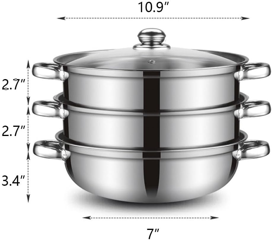 Steamer Pot for Cooking 11 inch Stainless Steel, 3-tier Multipurpose 18/8 Sta...