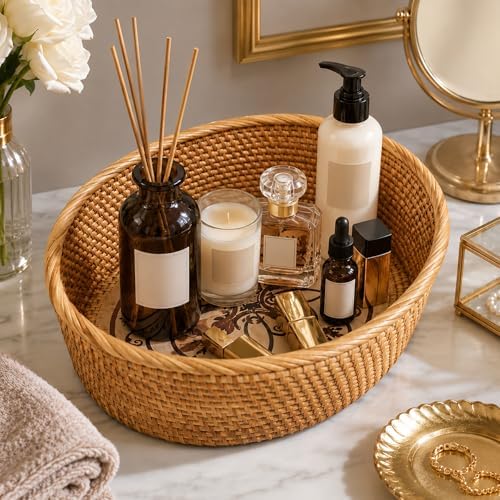 12 Inch Oval Rattan Basket with Painting Wooden Bottom, Wicker Basket Bowl wi...