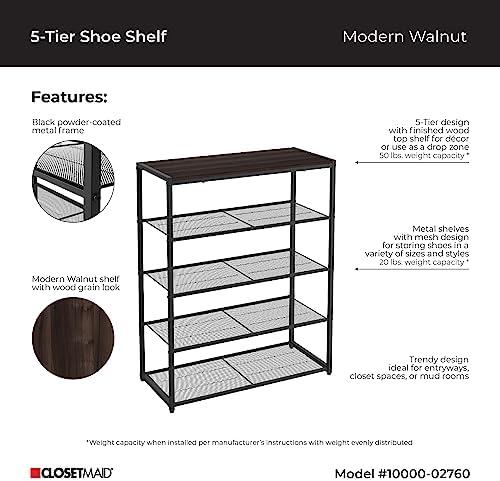 ClosetMaid 5-Tier Shoe Rack, Storage Organizer, with Wood Top Shelf, 4 Metal ...