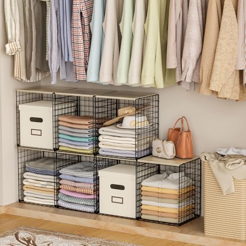 3-Pack Taller Closet Organizers and Storage with Wood Top, Stackable Wire Sto...
