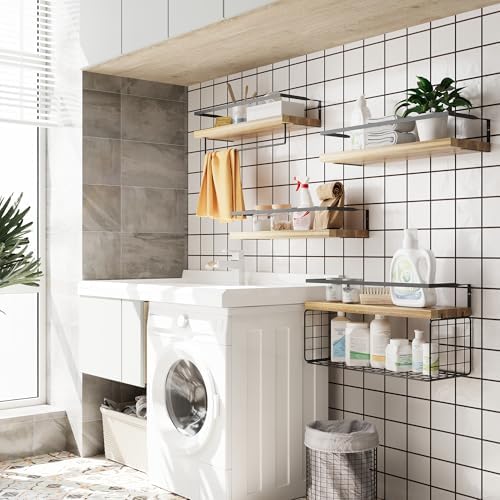 Wood Floating Shelves Wall Mounted - 4+1 Tier Rustic Bathroom Wall Shelves Ov...