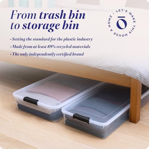 HOMZ Under Bed Clear Plastic Storage Bin w/Lid, 60 Qt, Gray Latch, 2 Pack