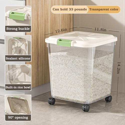 Food-Grade Rice Storage Container with Measuring Cup/Wheels – Airtight, Anti-...