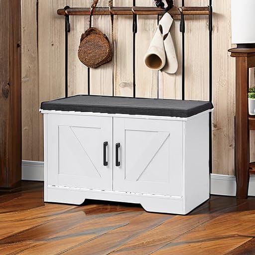 HOMSHO Farmhouse Shoe Storage Bench with 2 Barn Doors & Padded Seat Cushion