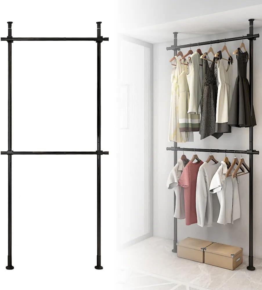 2 Tier Floor Ceiling Laundry Drying Rack, Metal Industrial Pipe Clothes Rack,...