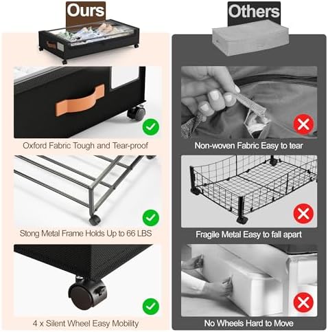 LAMU Under Bed Storage with Wheels, 2Pack Underbed Storage Containers,Black
