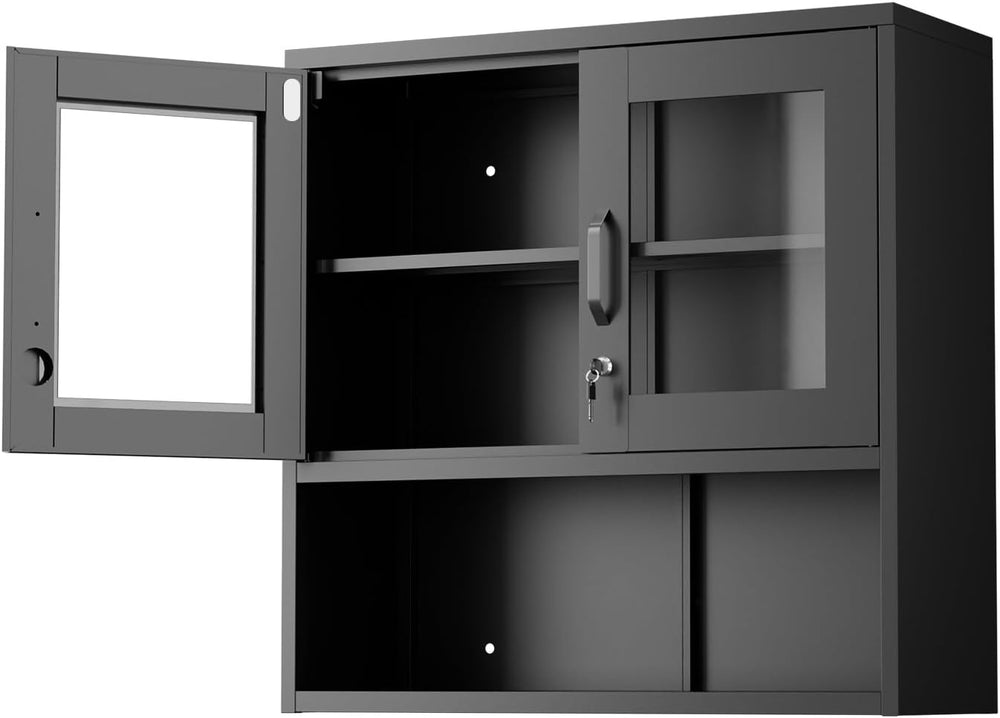 VINGLI Metal Wall Cabinet with Locking Glass Doors & Magnetic LED Sensor ...